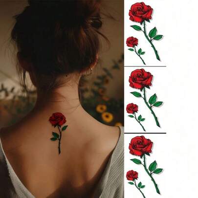 3pcs Red Rose Temporary Tattoo Stickers, Waterproof Tattoo Stickers Suitable For Arms, Wrists, Shoulders, Legs, Waist, Neck, Hands, Chest, Thighs, Fingers, Ideal For Travel