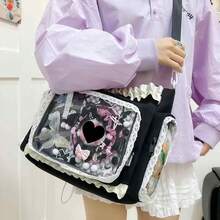Ita Crossbody Tote Bag, Pin Display With Insert Large Messenger Bag, Cute Tote Bag With Zipper Ruffle, Japanese Aesthetic Y2k - 黑色 - 查看 3
