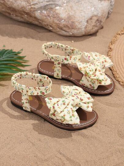 1 Pair Infant/Toddler Girls' Flat Sandals, Soft & Comfortable Colorful Floral Fabric With Bow Decor, Elastic Back Strap, Round Toe, Non-Slip Soft Sole, Fashionable Bohemian Style Princess Beach Sandals, Suitable For Daily Casual, Beach, Holiday, Party, Spring/Summer New Arrival