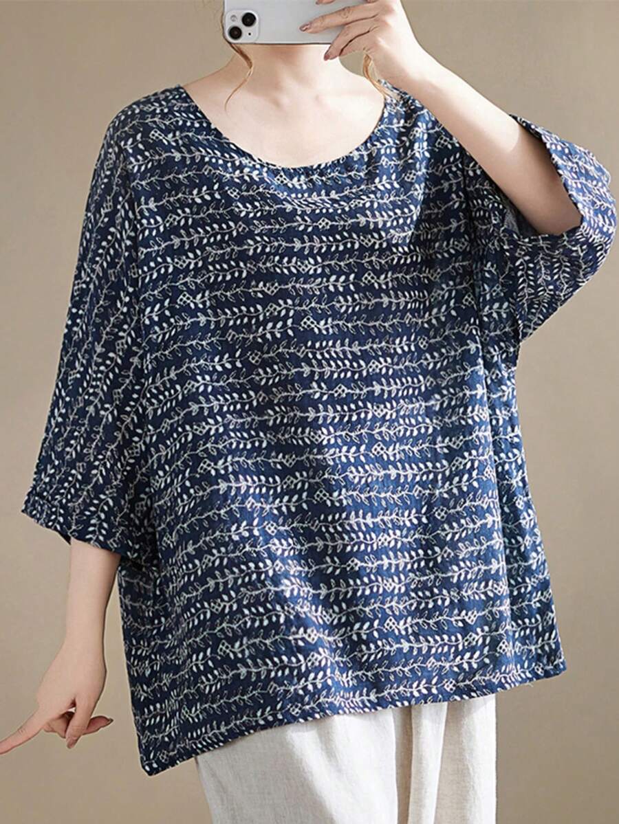 Plus Size Ladies' Holiday Outing Loose Blue Top Pullover, Casual Daily Wear, Batwing Sleeve Short Sleeved Round Neck Regular Edition Shirt, Versatile Regular Length Vacation Summer - Royal Blue - View 1