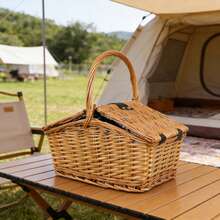 Foldable Wicker Picnic Basket With Lid, Countryside Style Handheld Basket, Photography Prop For Outdoor Picnic - Multicolor - View 5