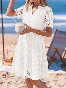 PRETTYGARDEN Women's Summer Elegant Dress V-Neck Hollow Eyelet Ruffle A-Line Hem Short Casual Wedding Graduation Travel Beach Holiday Vacation White Dresses For Women - 白色 - 查看 4