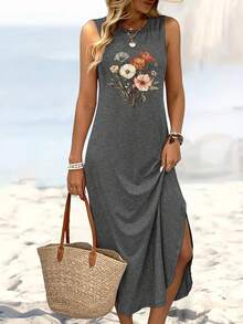 Graphic Print Tank Dress, Sleeveless Crew NeckCasual Dress For Summer & Spring, Women'sClothing - 灰色 - 查看 6