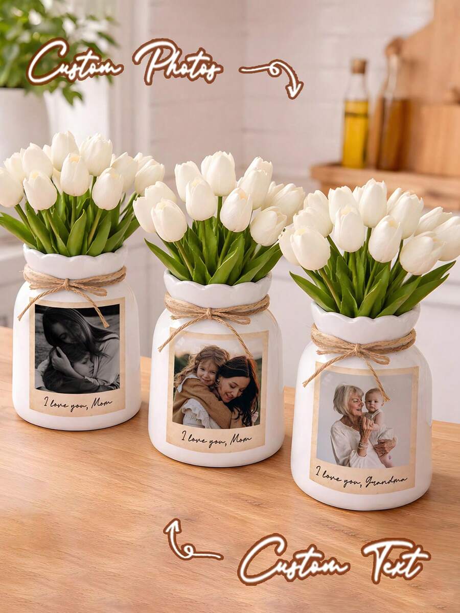 Customized White Ceramic Vase, Can Add Personalized Photos As Gifts For Family And Friends. Suitable For Mother's Day, Birthday Or Housewarming. Also Suitable For Living Room And Bedroom Placement. - Multicolor - View 1