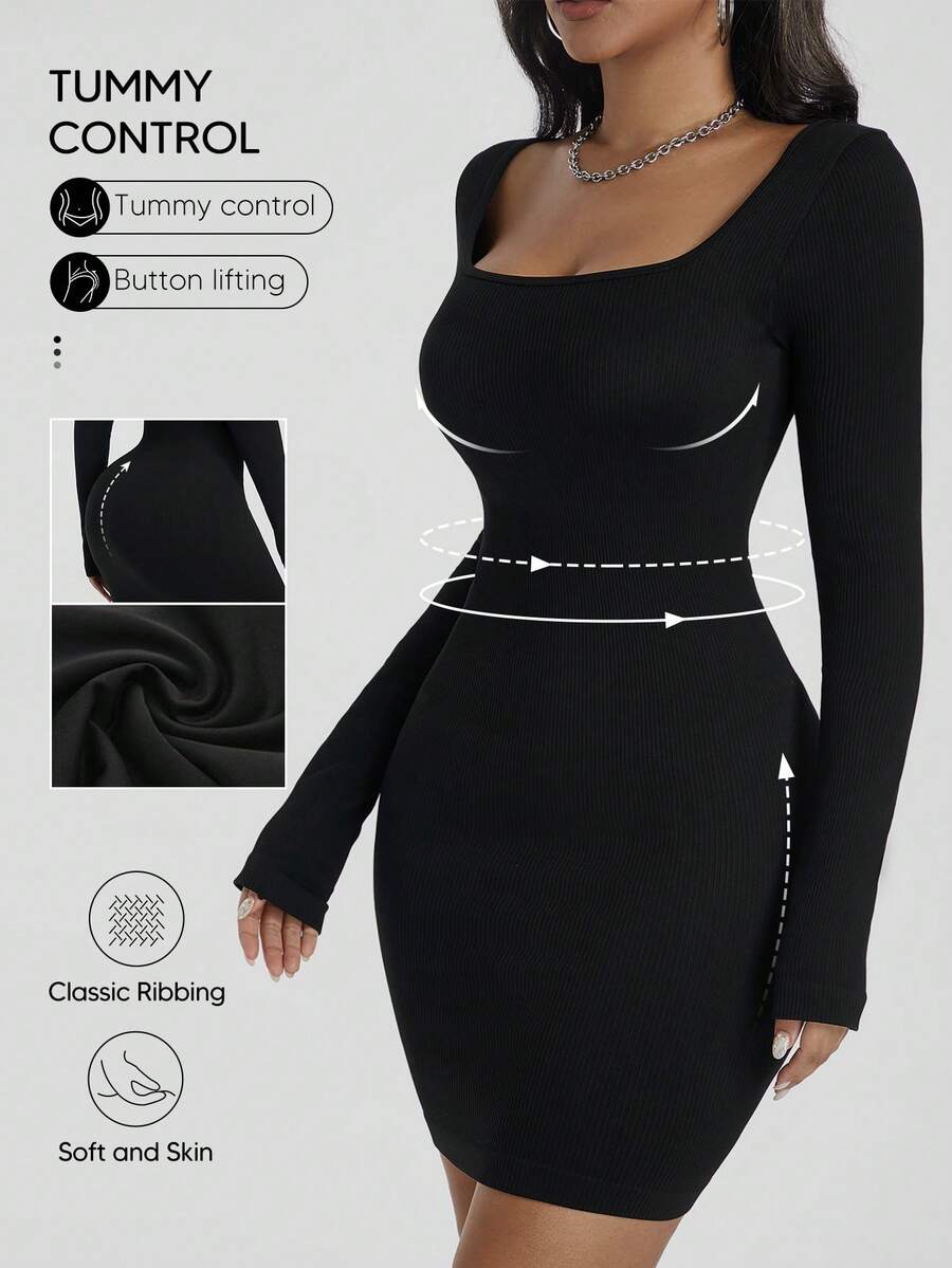 Suprenx Women's Black Bodycon Dress, Square Neck Ribbed Long Sleeve Fitted Mini Dress