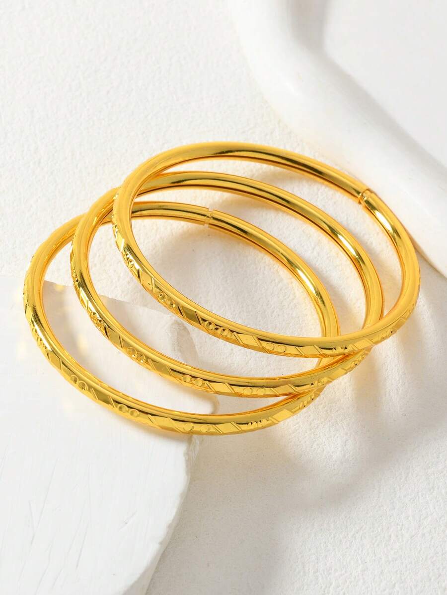 3件套中东/沙特阿拉伯风格镀金铜雕花手镯，送给家人和朋友的礼物 - 金黃色 - 查看 1