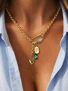 1pc Oval Rhinestone Encrusted Gold Letter Pendant Necklace, Green Crystal Pendant, Fashionable Minimalist Necklace For Women - Golden - View 4