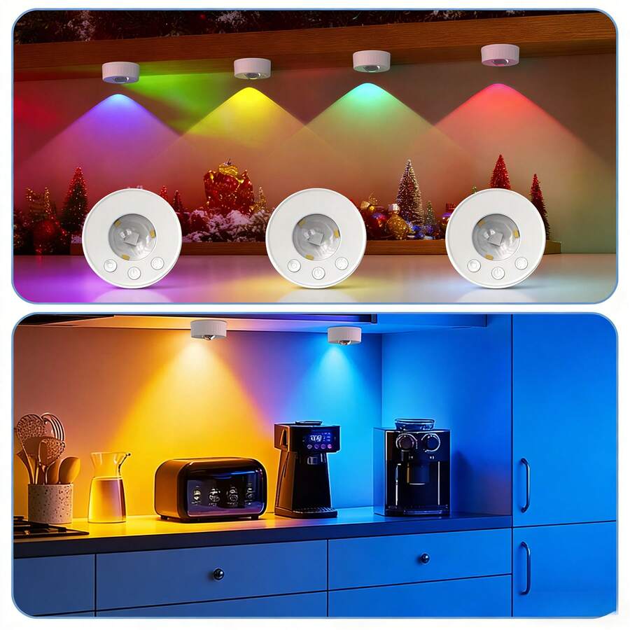 Bộ 3 đèn LED tường RGB động sử dụng 3 pin AA, đèn bậc thang cảm biến chuyển động có điều khiển từ xa, có thể điều chỉnh độ sáng, gắn nam châm, thích hợp cho cầu thang, hành lang, phòng ngủ, nhà bếp, quầy bar. - Gói 3 cái - Xem 1