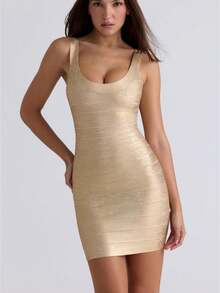 Women's Bandage Mini Dress Square Neck Sleeveless Bodycon Party Dress - 金色 - 查看 1