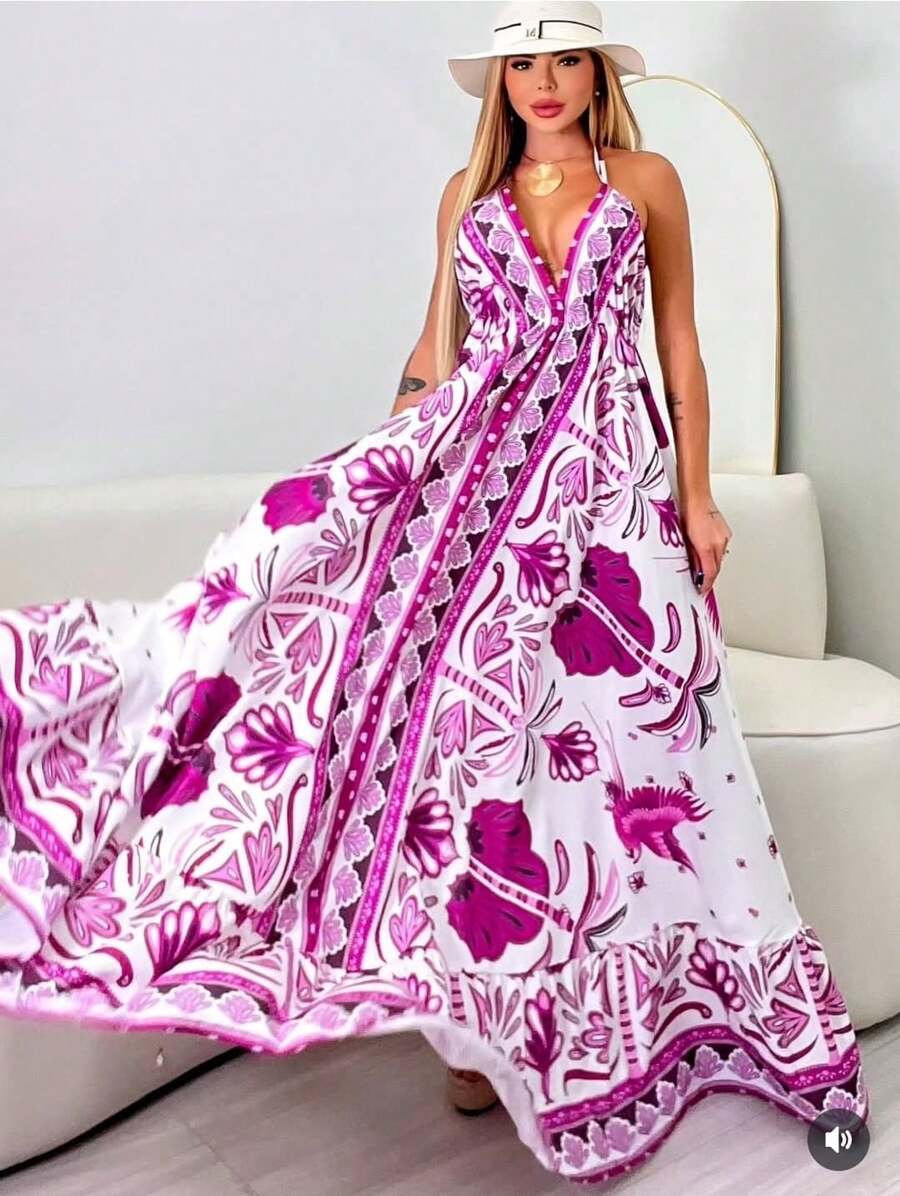 Long Dress With  Print, Summer 2025 . - 玫瑰紅 - 查看 1