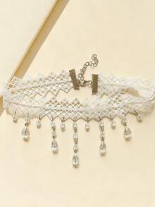 1件装女士时尚格子蕾丝镂空水晶流苏颈链，锁骨链 - 彩色 - 查看 2