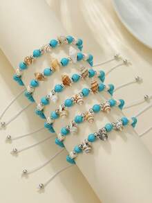 6件套波西米亚风玻璃珠手链套装，人造贝壳和绿松石可调节抽绳手链，女士沙滩派对配饰 - 藍白色 - 查看 2