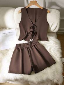 Plus Size Solid Color Casual Knotted 2 Pieces Set For Women, Spring/Summer Vacation Elegant Brown - Brown - View 1