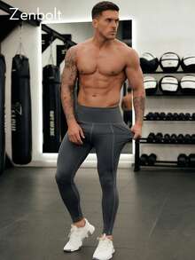 ZULIZ Zenbolt Men's Wide Waistband Compression Leggings With Side Pockets Slim Fit Athletic Training Gym Tights - Grey - View 3