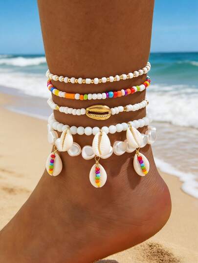5件套波西米亚风树脂不规则几何珍珠脚链套装，精美礼物，适合女性海滩度假