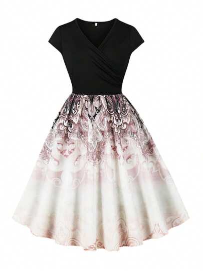 Đầm đen thanh lịch, cổ điển, in họa tiết retro, gợi cảm, cổ chữ V, eo chun, ôm sát, dài đến đầu gối, thích hợp cho kỳ nghỉ, du lịch, tiệc tùng, đi biển.