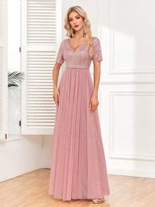 Vestido de noche rosa de línea A con cuello en V, manga corta y malla con lentejuelas, elegante vestido de gala formal, adecuado para invitados de boda, fiesta de cóctel, dama de honor, ceremonia de graduación - Rosa vieja - Ver 9