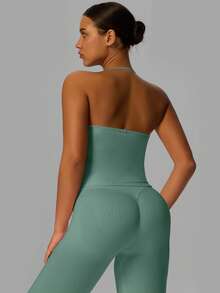 Yefecy New Impact Sports Yoga Tank Top, Women Fitness Yoga Shirt, Sports Wear, Backless Ruched Built-In Bra Crop Top Spring - 綠色 - 查看 2