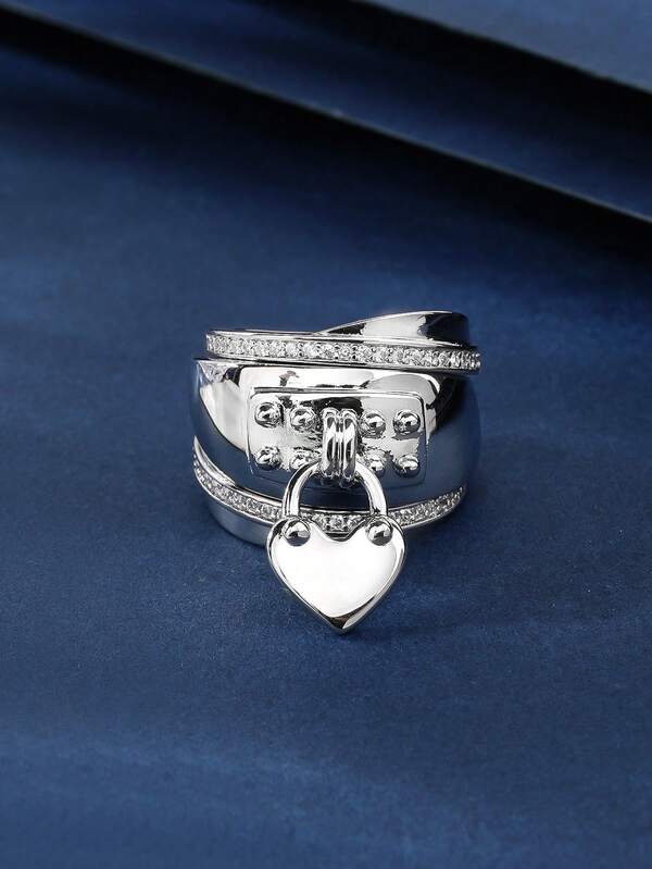 Smooth Copper Material Heart-Shaped Lock Women's Large Ring, Fashionable & Charming, Suitable For Gifting And Daily Wear