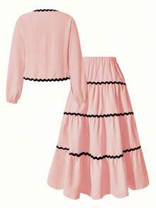 Elegant Sweet Girls' Mid-Length Dress Set, Including Long Sleeve Top With Ruffle Bow, Paired With Multi-Layered Mid-Length Skirt. This Fashionable Casual Outfit Is Suitable For School, Gatherings, Vacation And Travel In Spring And Autumn. - Pink - View 2
