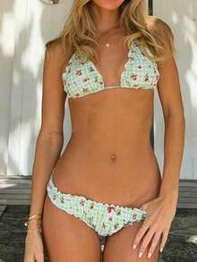 Women Triangle Bikini Set Cute Printed 2 Piece Swimsuit Y2k Ruffle Trim Bathing Suit Coquette Swimwear - 薄荷色 - 查看 7