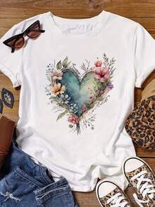 [Plus Size Heart Flower T-Shirt] Fashionable Round-Neck T-Shirt With Short Sleeves And Heart Flower Design In Plus Size - 白色 - 查看 1
