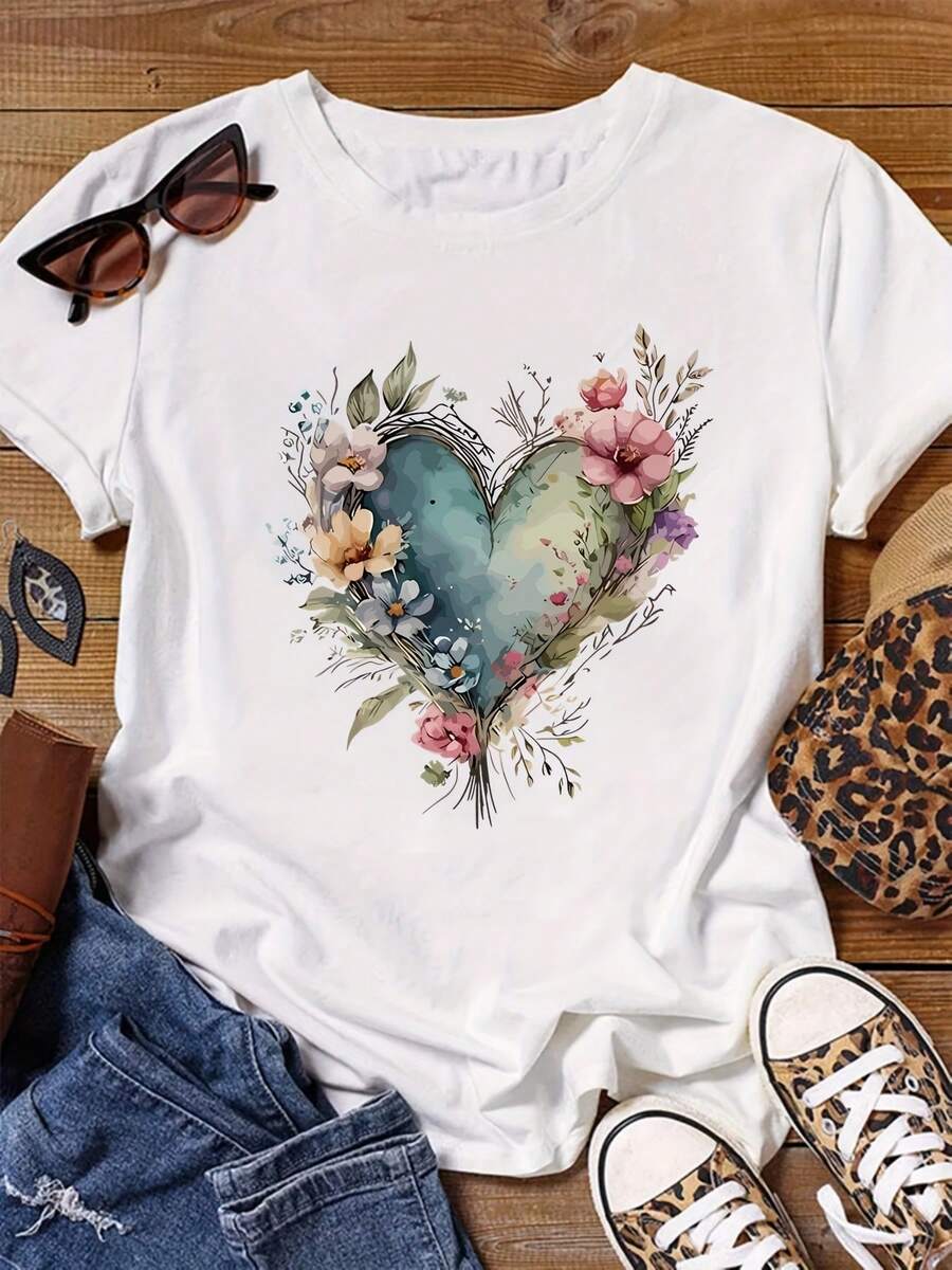 [Plus Size Heart Flower T-Shirt] Fashionable Round-Neck T-Shirt With Short Sleeves And Heart Flower Design In Plus Size - 白色 - 查看 1