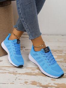 Women's Breathable Mesh Lace-Up Sports Shoes, Soft Elastic Soles, Outdoor Running Sneakers - Sky Blue - View 4
