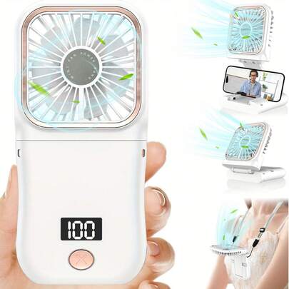 便携式手持电风扇，带数字显示屏，可折叠颈挂式设计，内置3000mAh USB充电电池，180°可调节，3档风速，适合个人降温、旅行、运动、毕业典礼、祝贺毕业等场合，是夏季必备单品。