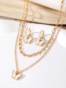 3pcs Zinc Alloy Delicate Butterfly Jewelry Set, Double-Layer Necklace + Earrings Combo, Sweet & Cool Girl Style, Suitable As Girlfriend, Best Friend, Valentine's Day, Anniversary, Birthday Gift - Butterfly - View 2