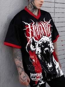 Men's Double-Sided Print Loose V-Neck T-Shirt Digital Print Roaring Hyena Pattern Death Metal Thorn Letter Front & Back Color Block Jersey Top Y2K Punk Style Dark Streetwear Soft Breathable Summer - Black - View 1