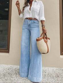 Women's Casual Wide Leg Jeans, Elegant & Fashionable Long Style With Pockets, Medium Stretch Washed Fabric Spring - 摩卡棕 - 查看 7