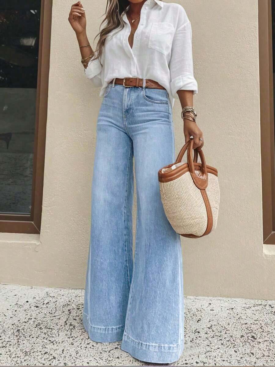 Jeans de pierna ancha casual para mujer, de estilo largo elegante y de moda, con bolsillos, de tela lavada con estiramiento medio para primavera - Lavado ligero - Ver 1
