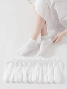 12pcs White Solid Color Breathable Deodorizing Women's Ankle Socks - White - View 3