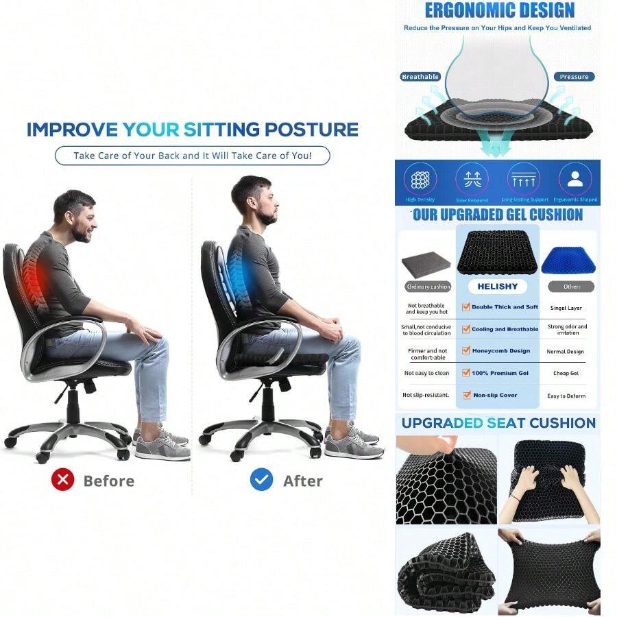 Gel Wheelchair Seat Cushion For Long Sitting - Cooling Office Chair Cushion For Sciatica, Back, Pressure Sore, Tailbone Pain Relief - Soft Breathable Butt Pillow With Non-Slip Cover For Wheelchair - 黑色 + 標準尺寸 - 16.5x14.5x1.65英寸 - 查看 1