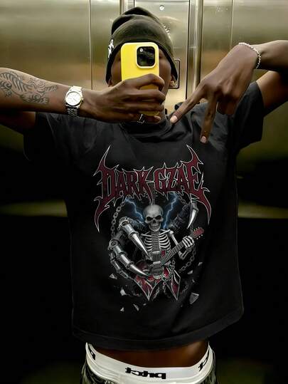 Men's Minimalist Mechanical Skull Print Round Neck Short Sleeve T-Shirt, Summer