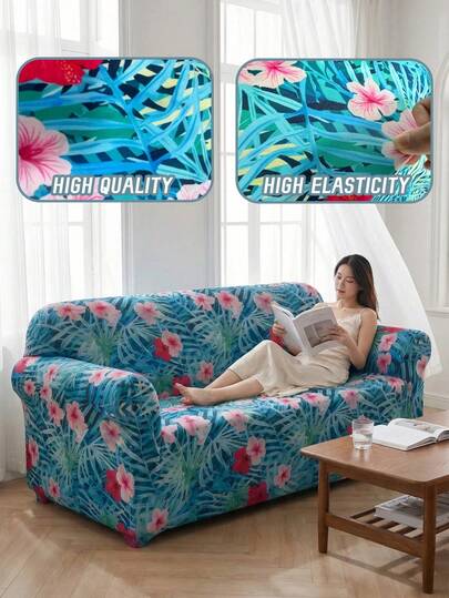 1 pièce Housse de canapé imprimée de feuilles de palmier tropicales et de fleurs et 1 pièce de taie d'oreiller assortie, feuilles d'été, housse de canapé antidérapante et anti-poussière à haute élasticité pour toutes les saisons pour le salon, la chambre à coucher, la salle à manger