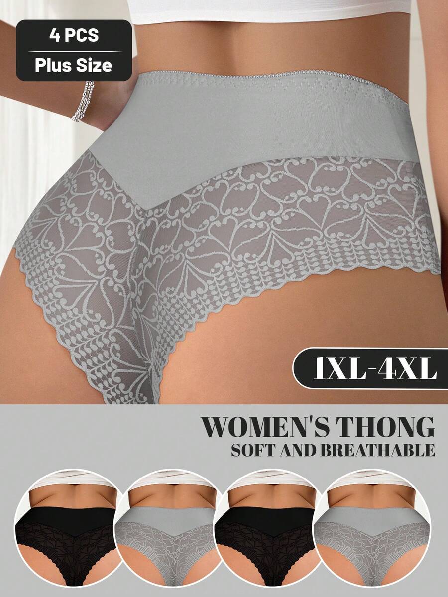 MEIYATING 4pcs/Pack Plus Size Women Lace Trim Mesh Splice Soft Comfortable Sexy Thong Panties