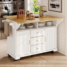 Kitchen Island Cabinet Sideboard 120 X 40 80 X 95 Cm Extendable Kitchen Trolley With Casters Extendable On Both Sides With Towel Rail And Spice Rack Two Doors Three Drawers Black/White - White + MDF - View 12