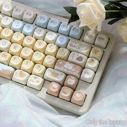 MOA Height PBT Mechanical Keyboard Keycaps - Round Cute Bear/Dog/Cat Designs, Blue/Pink/Purple, Keycaps Only, MX Switch Compatible, 6.25U Spacebar, Wear-Resistant & Oil-Proof, Mechanical Keyboard DIY Accessories, Custom Decoration, Universal For Gaming & Office