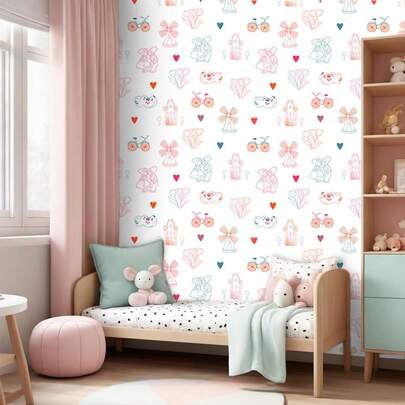  1 Cuộn Giấy Dán Tường Chống Thấm Nước, Có Thể Tháo Rời, Màu Hồng Hình Trái Tim Hình Cối Xay Gió & Xe Đạp, Chiều Rộng 17.5 Inch (44.5cm), Thích Hợp Cho Phòng Ngủ Bé Gái, Phòng Trẻ Em, Trang Trí Nhà Cửa