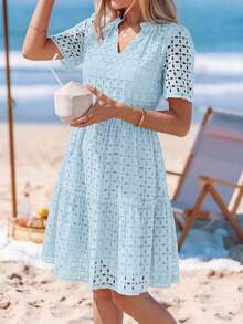 Women's Summer Dress V-Neck Hollow Eyelet Ruffle A-Line Hem Elegant Short Casual Wedding Graduation Travel Beach Holiday Vacation Light Blue Dresses For Women - 淺藍色 - 查看 4