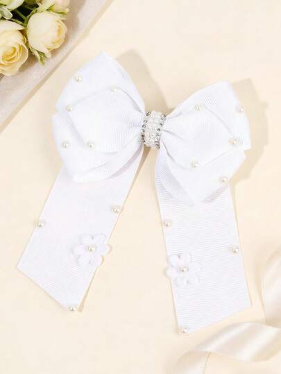 1pc Mother's Day Flower Hair Bows, White Alligator Clips Bow Hair Clips, Elegant Ribbon Wedding Hairpin, Exquisite Pearl Rhinestone Hair Barrettes, Sweet Hair Accessories For Girls Summer Holiday Vacation