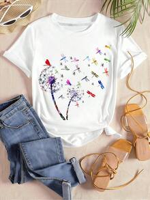 A Stylish Top For Women Featuring A Beautiful Shirt Design With A Colorful Butterfly And Dragonfly Dandelion Pattern, Elegant Women'S Blouse, Round Neck T-Shirt, New Arrivals For Spring - 白色 - 查看 2