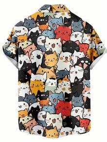 Playful Cats Gathering Together In Cheerful Harmony Symbolizing Friendship Joy And Warmth 3D Printed Men's Short Sleeve Casual Button Down Shirt Summer Streetwear Top - trắng - Xem 2