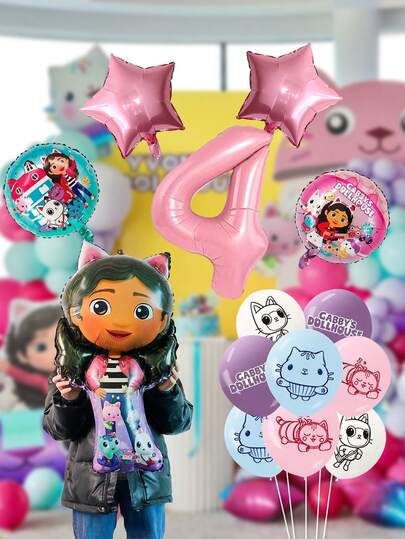 MASSDI Gabby Dollhouse Party Balloons Decorations - 32 Inch Pink Number Balloons 1-9, 18 Inch Round & Star Foil Balloons, 12 Inch Latex Balloons With Cat Patterns, Ideal For Birthday Party, Festival Party, Celebration Events, Wedding, Baby Shower & All Age Party Supplies