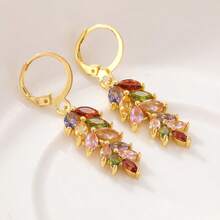1 Pair Vintage & Luxurious Colorful Cubic Zirconia Wheat Ear Rings, Suitable For Party And Wedding, Perfect Romantic Gift For Her - Gold - View 3