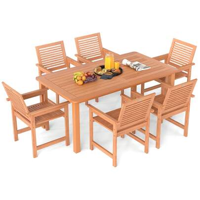 7-Piece Patio Wood Dining Table Set Outdoor Rectangular Table And 6 Armchairs