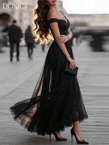 DONICY Elegant Black Off-The-Shoulder Tulle Maxi Dress, Romantic Sweetheart Neckline Fitted Bodice With Sheer Layered Skirt For Evening Parties & Weddings - Black - View 11