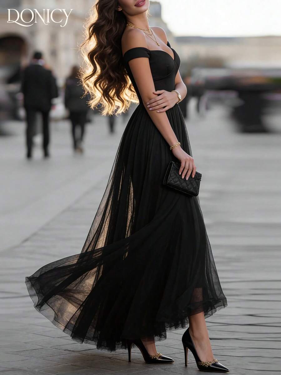 DONICY 优雅黑色露肩薄纱长裙，浪漫心形领口，修身胸衣搭配薄纱层叠裙摆，适合晚宴和婚礼穿着。 - 黑色 - 查看 1